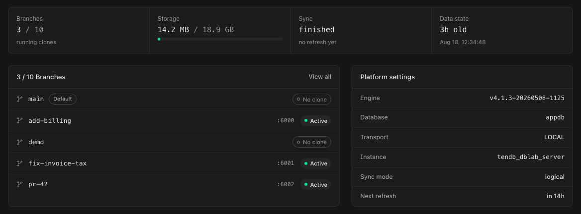 The tendb console — branch list, storage and sync tiles, and platform settings