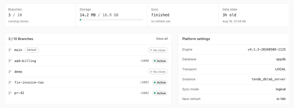 The tendb console — branch list, storage and sync tiles, and platform settings